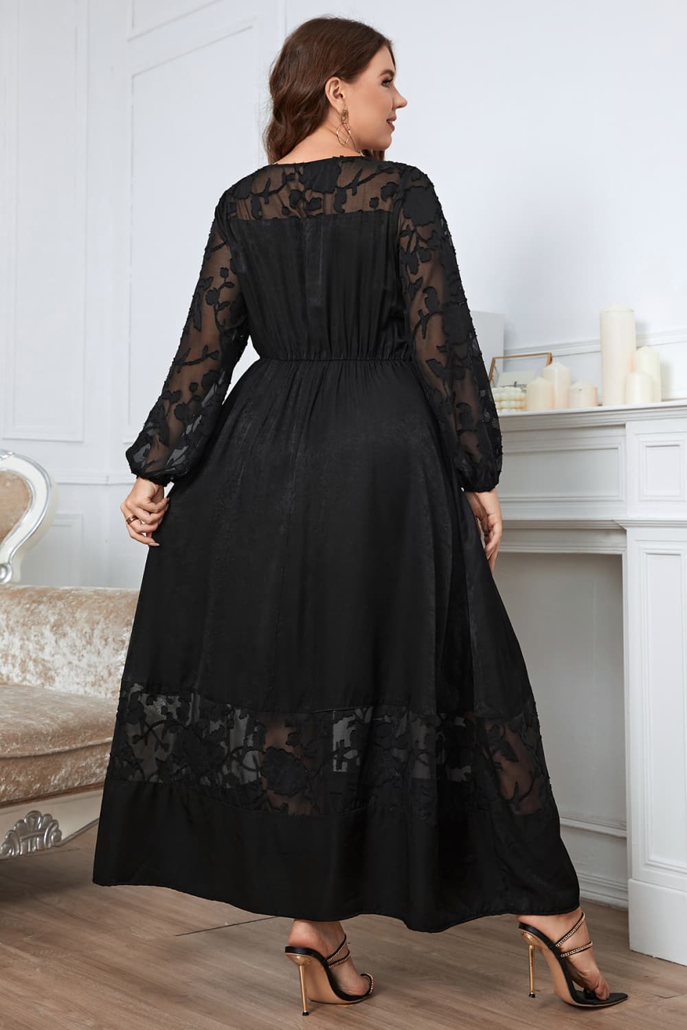 melo apparel plus size embroidery round neck long sleeve maxi dress