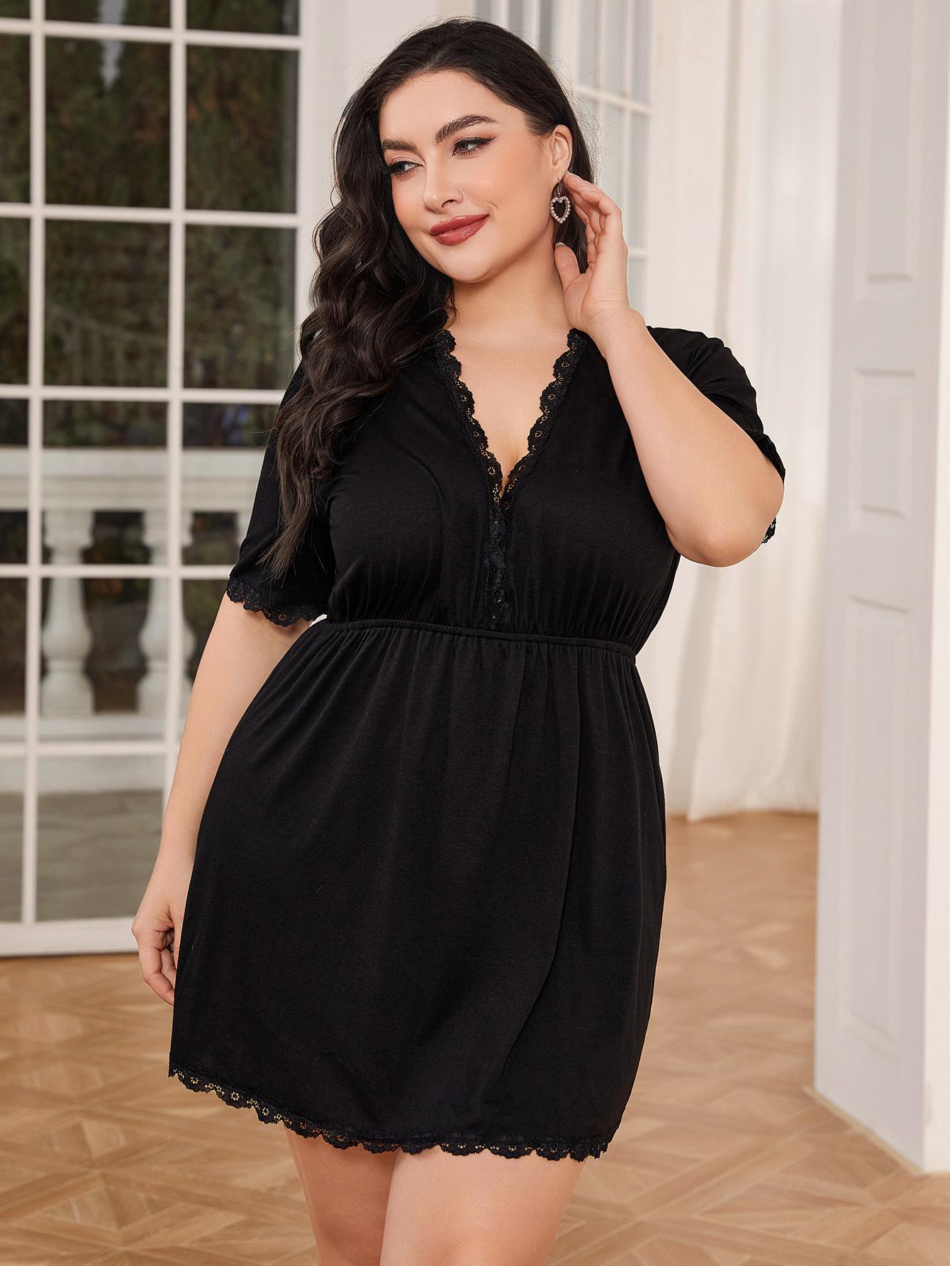 plus size lace trim deep v night dress