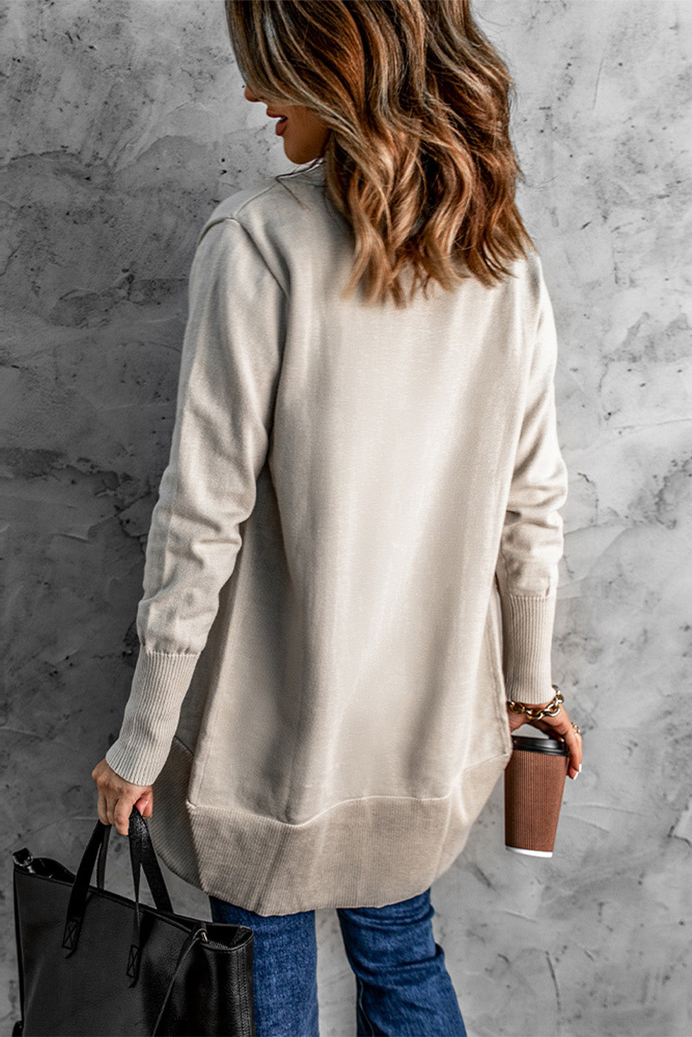 double take long sleeve ribbed hem open front longline cardigan