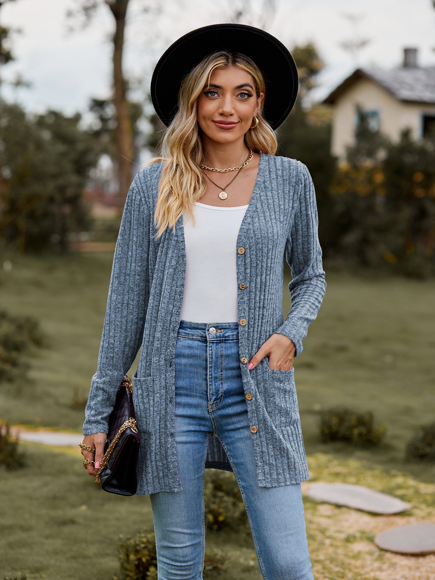 ribbed button-up cardigan with pockets
