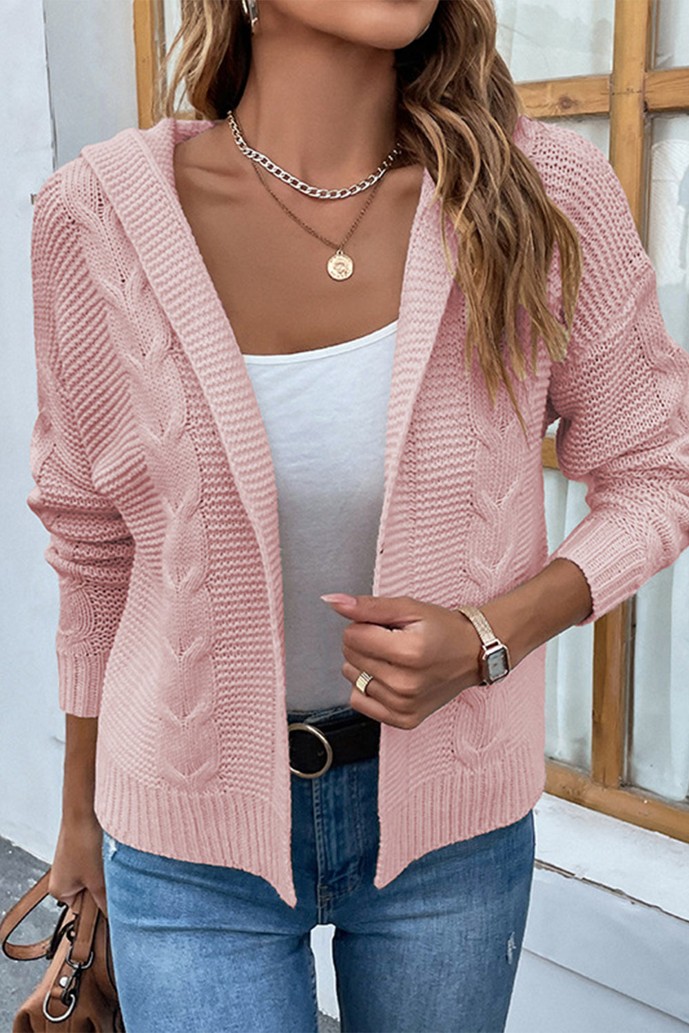 cable-knit dropped shoulder hooded cardigan