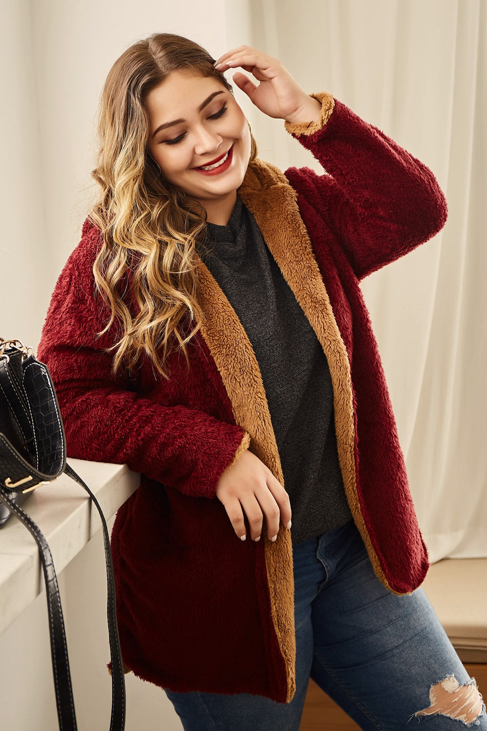 hanny plus size hooded longline teddy jacket