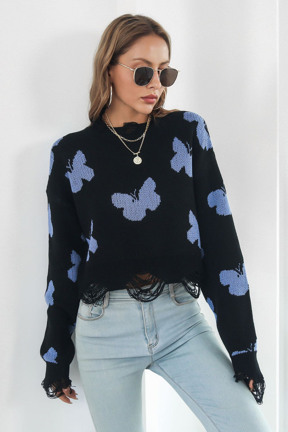 printed round neck ribbed long sleeve sweater