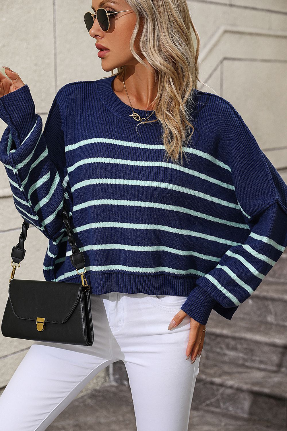 striped dropped shoulder round neck pullover sweater