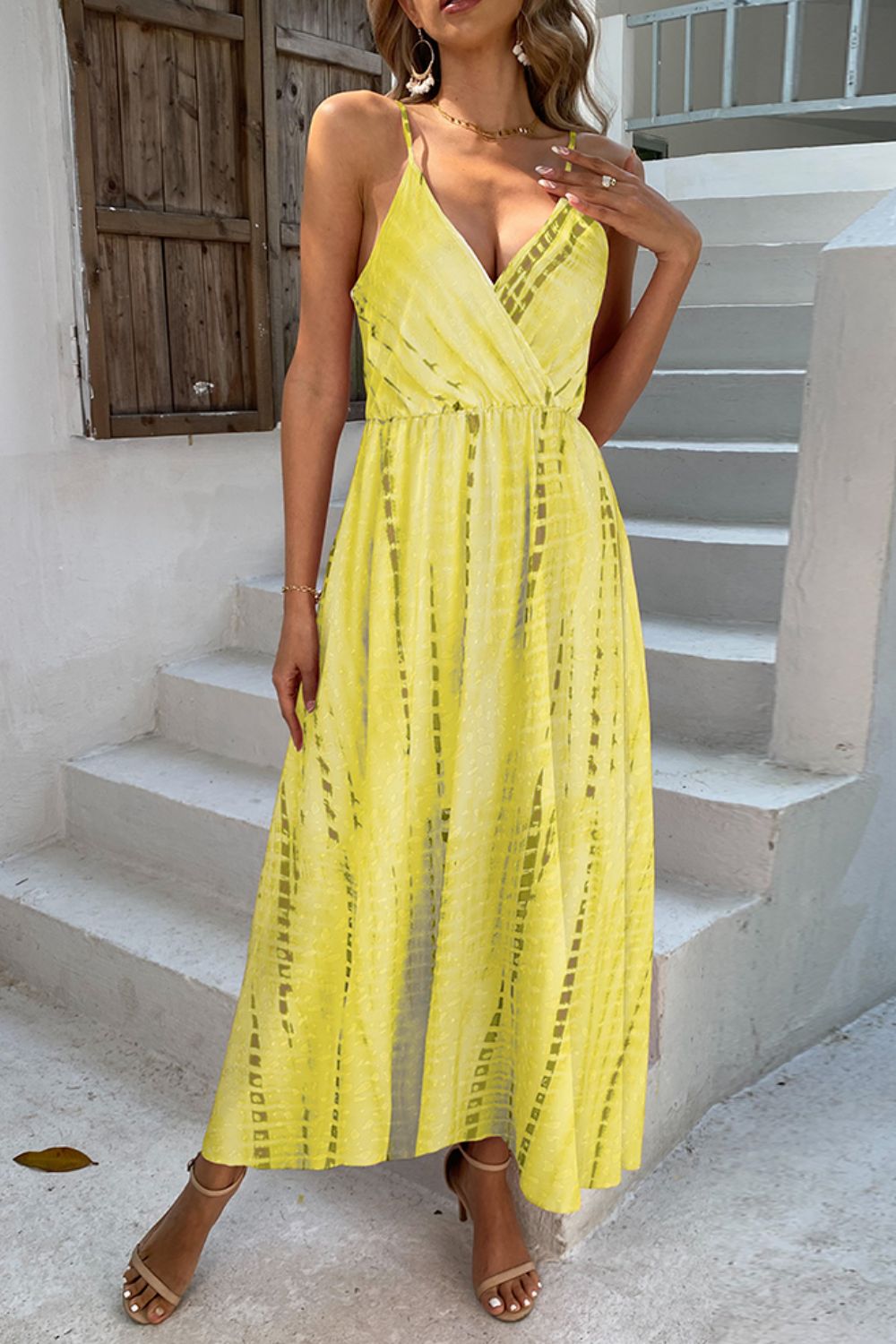 printed surplice adjustable spaghetti strap maxi dress