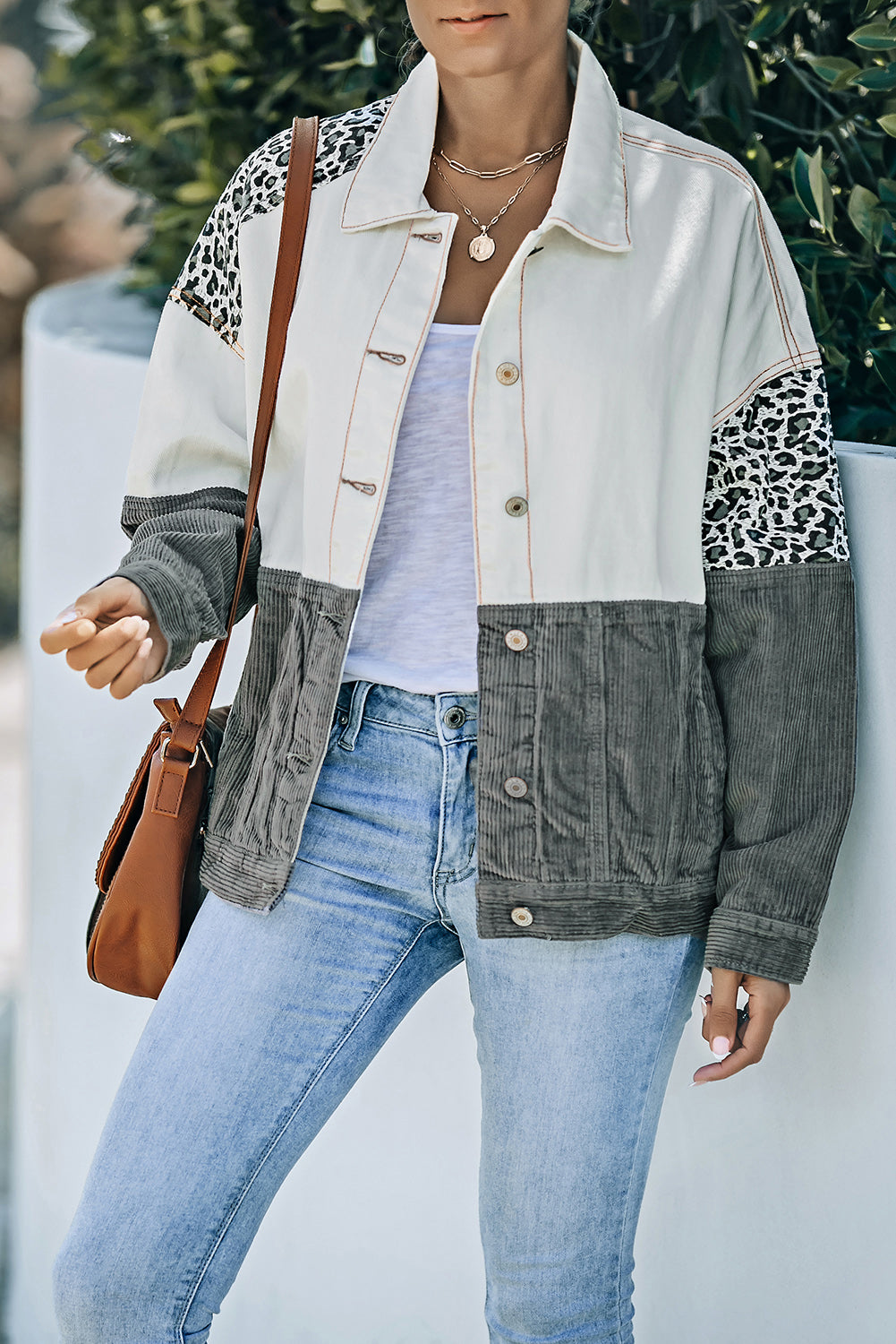 leopard color block button-up corduroy shacket