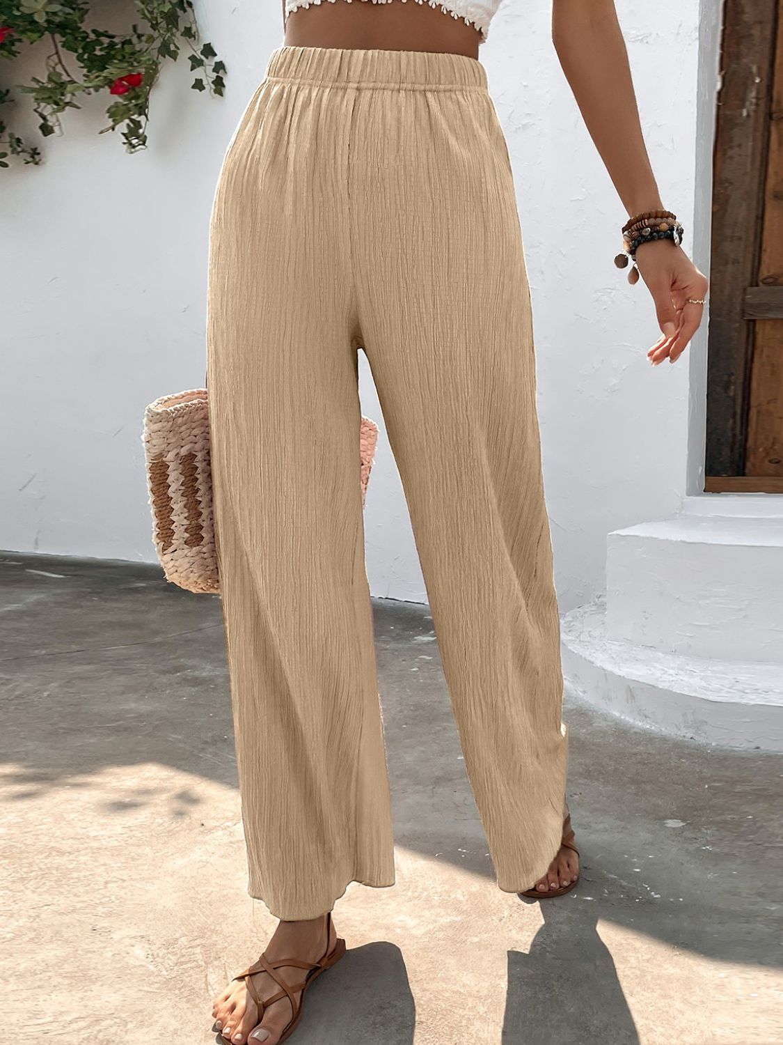 textured high-waist wide leg pants