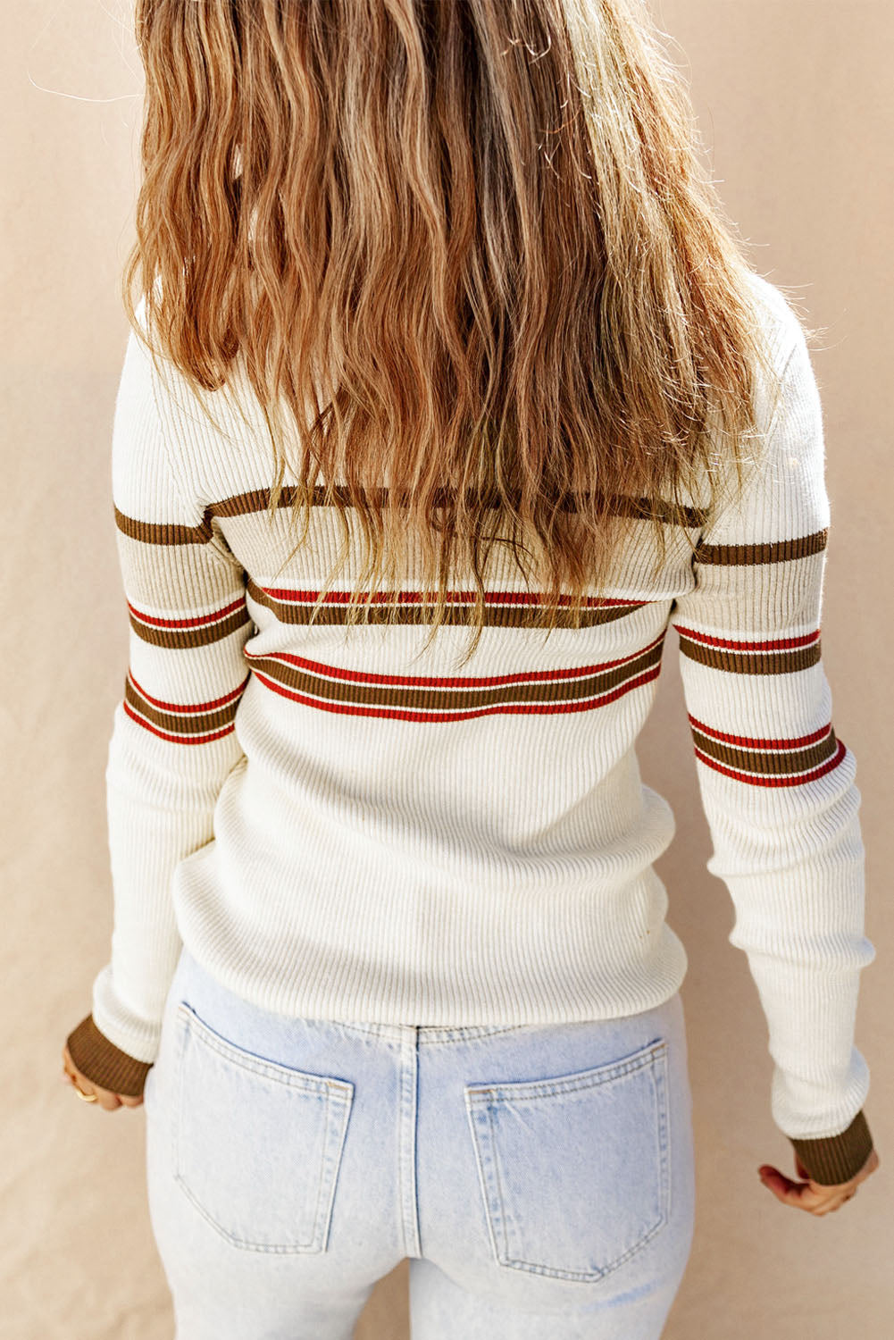 striped collared neck rib-knit top