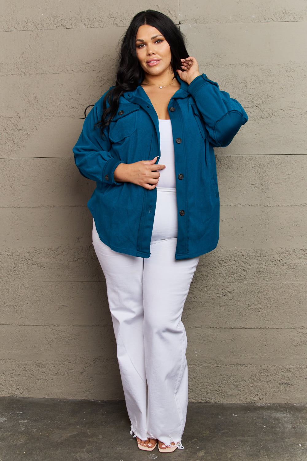 zenana cozy in the cabin full size fleece elbow patch shacket in teal