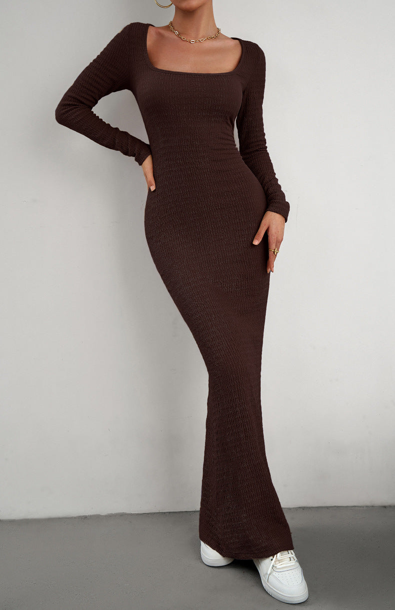 long sleeve square neck maxi bodycon dress