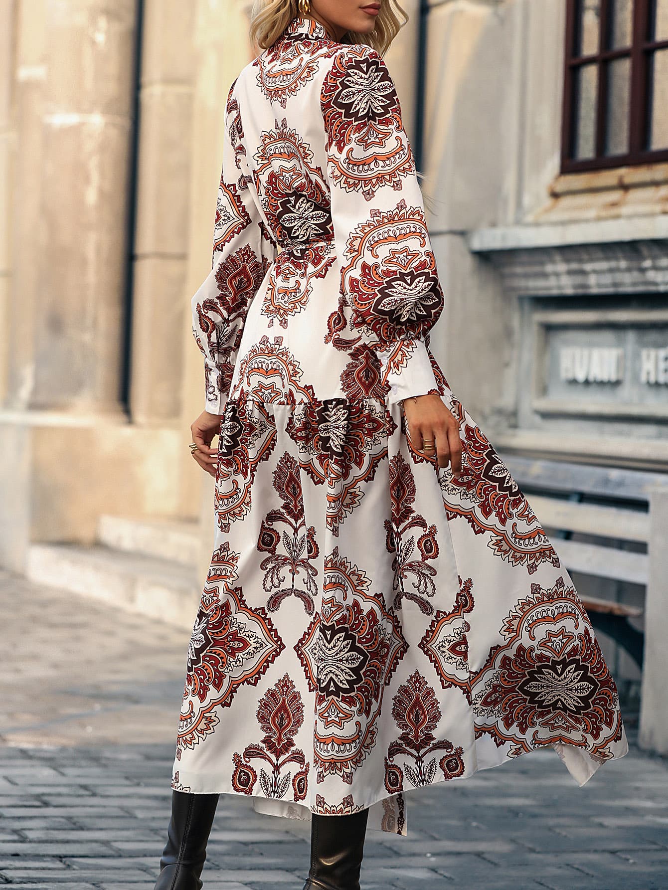 printed tie waist notched neck midi dress