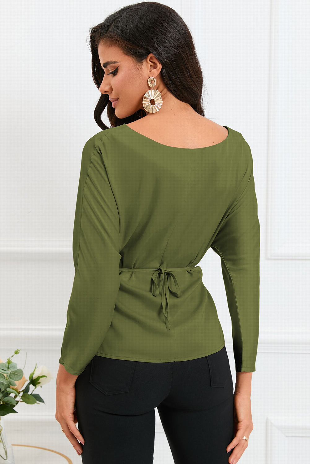 boat neck back tie long sleeve satin blouse