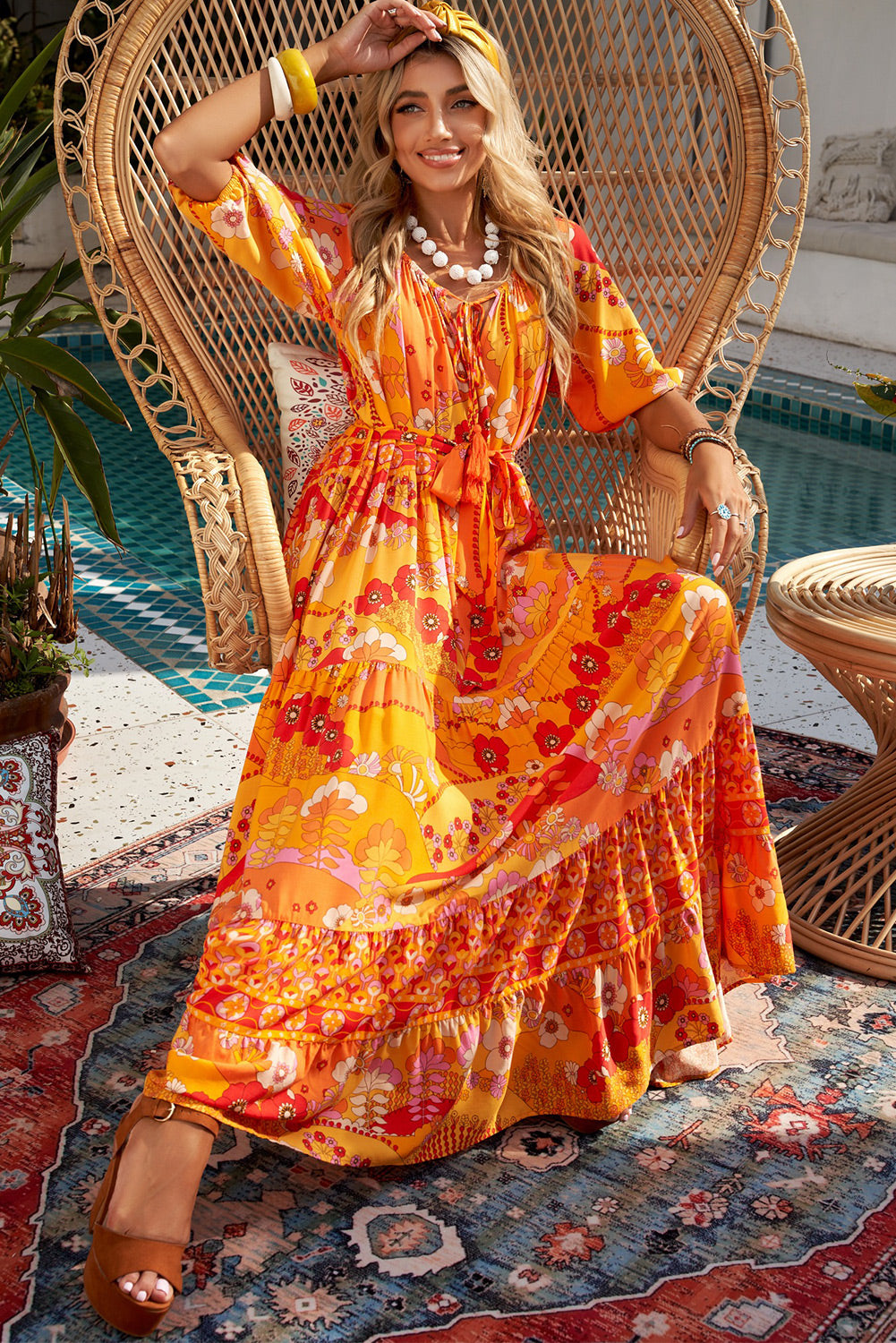 bohemian tie-waist tiered maxi dress