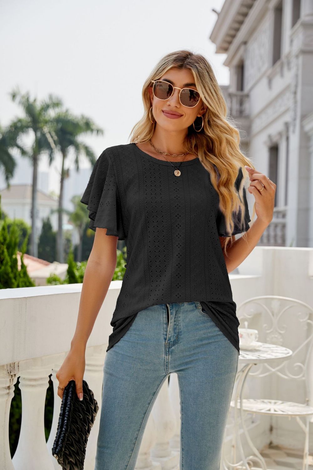 eyelet flutter sleeve round neck top