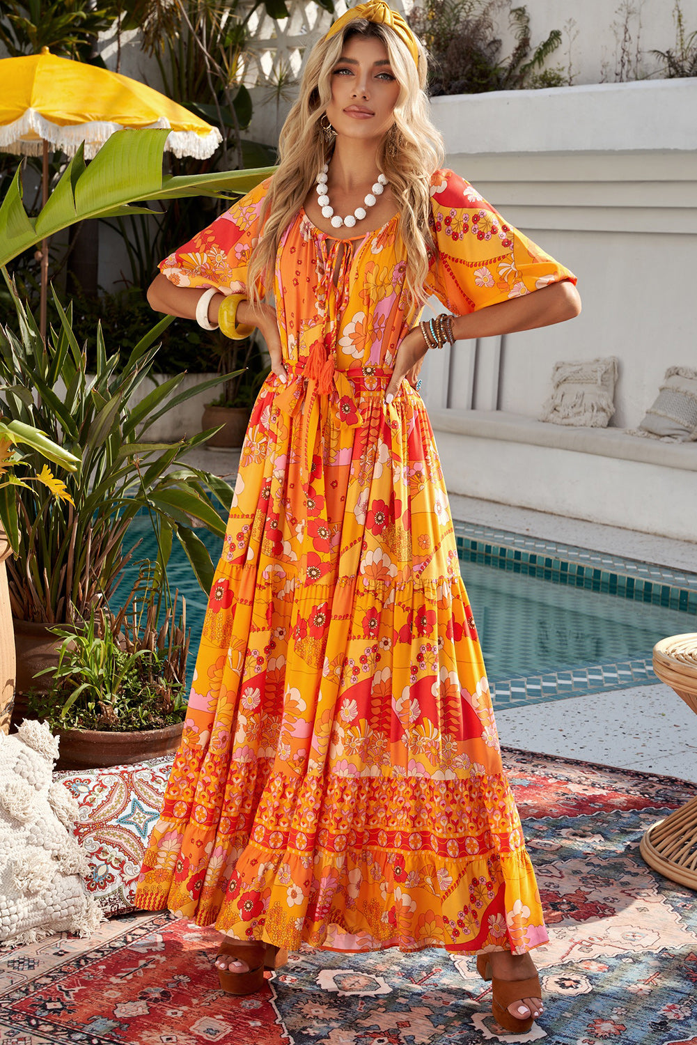 bohemian tie-waist tiered maxi dress