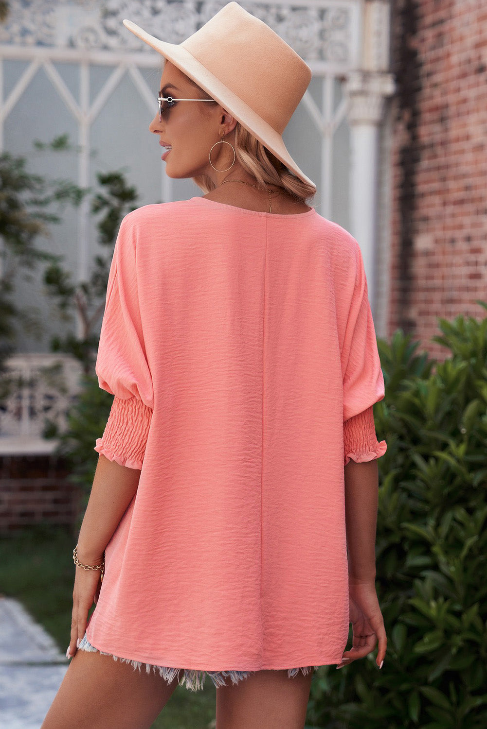 round neck dolman sleeve textured blouse