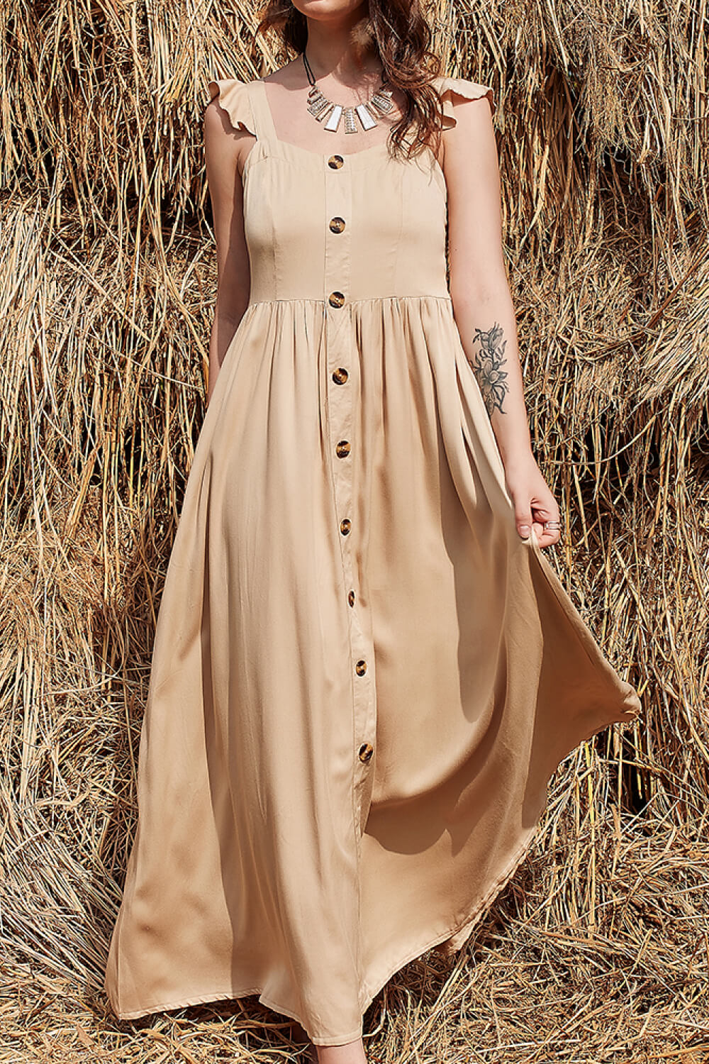 decorative button ruffle trim smocked maxi dress