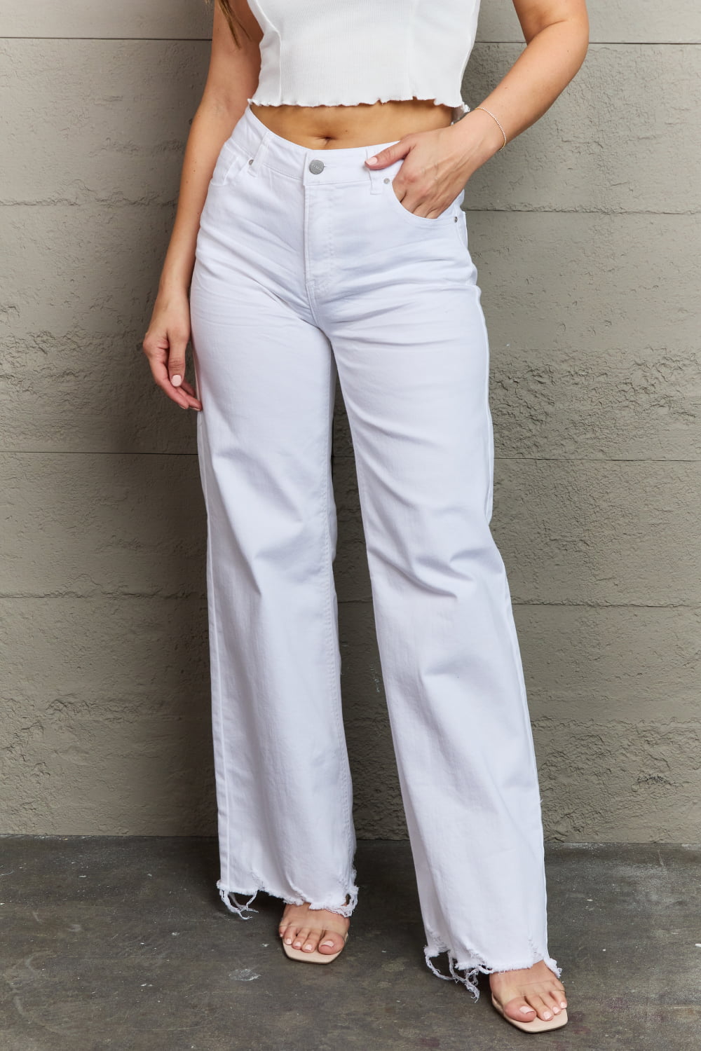 risen raelene full size high waist wide leg jeans in white