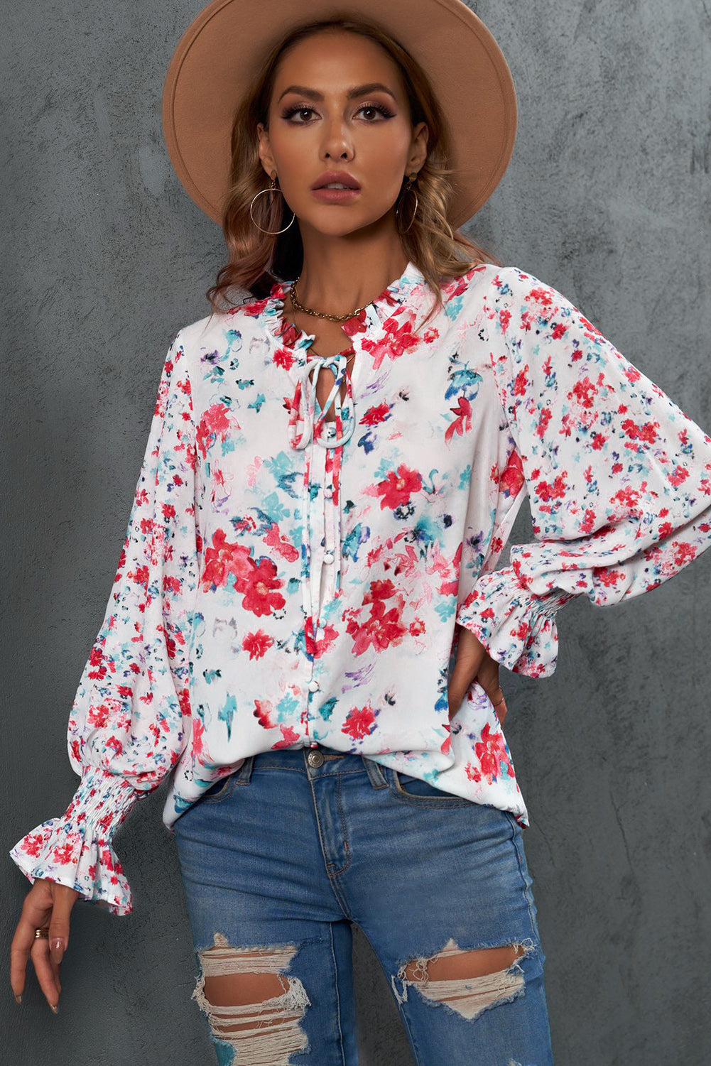 floral frill trim tie neck flounce sleeve blouse