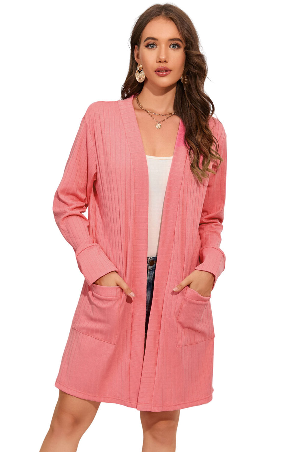 open front long sleeve longline cardigan with pockets