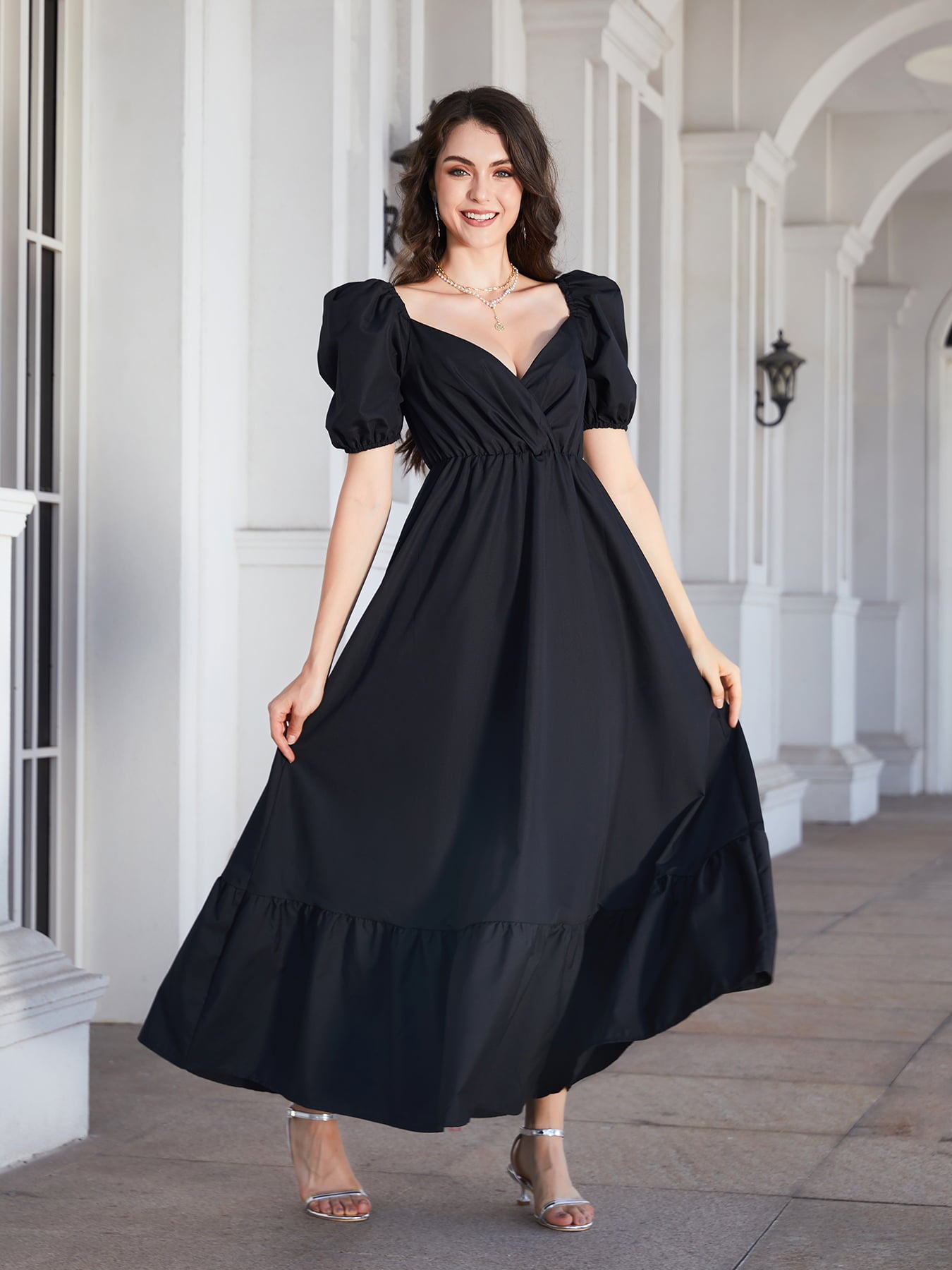 surplice neck ruffle hem balloon sleeve maxi dress