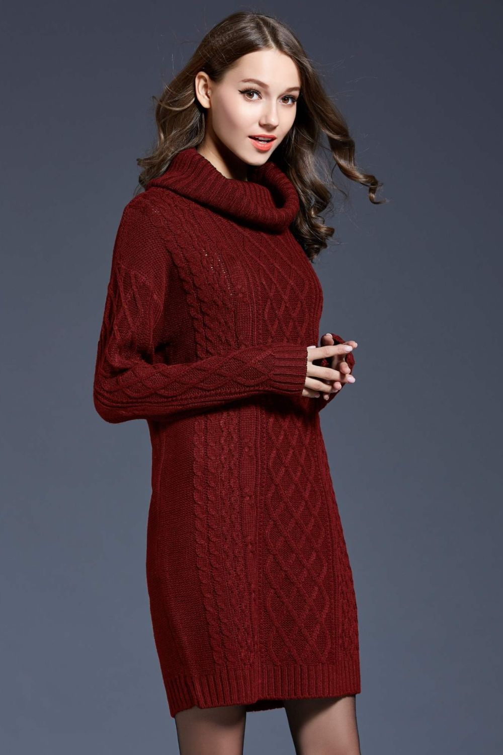 woven right full size mixed knit cowl neck dropped shoulder sweater dress