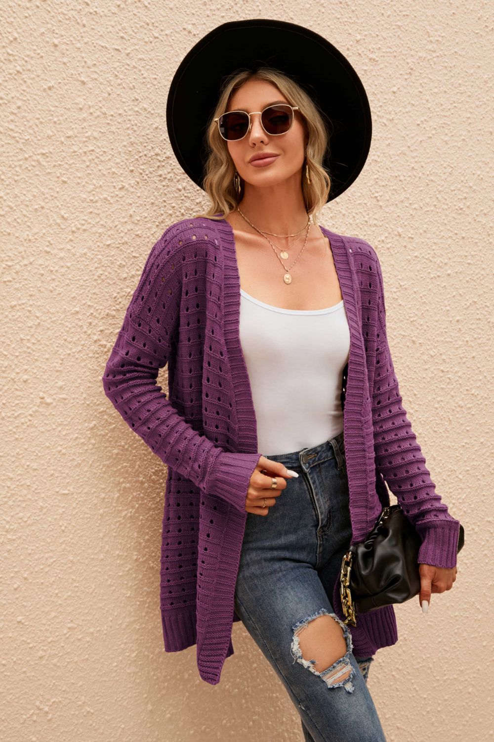 openwork horizontal ribbing open front cardigan