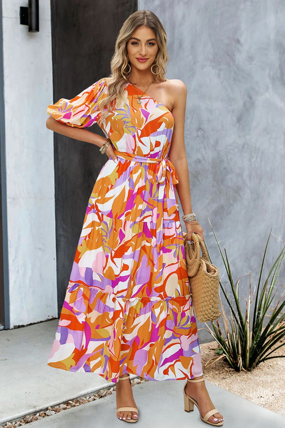 printed one-shoulder tie belt maxi dress