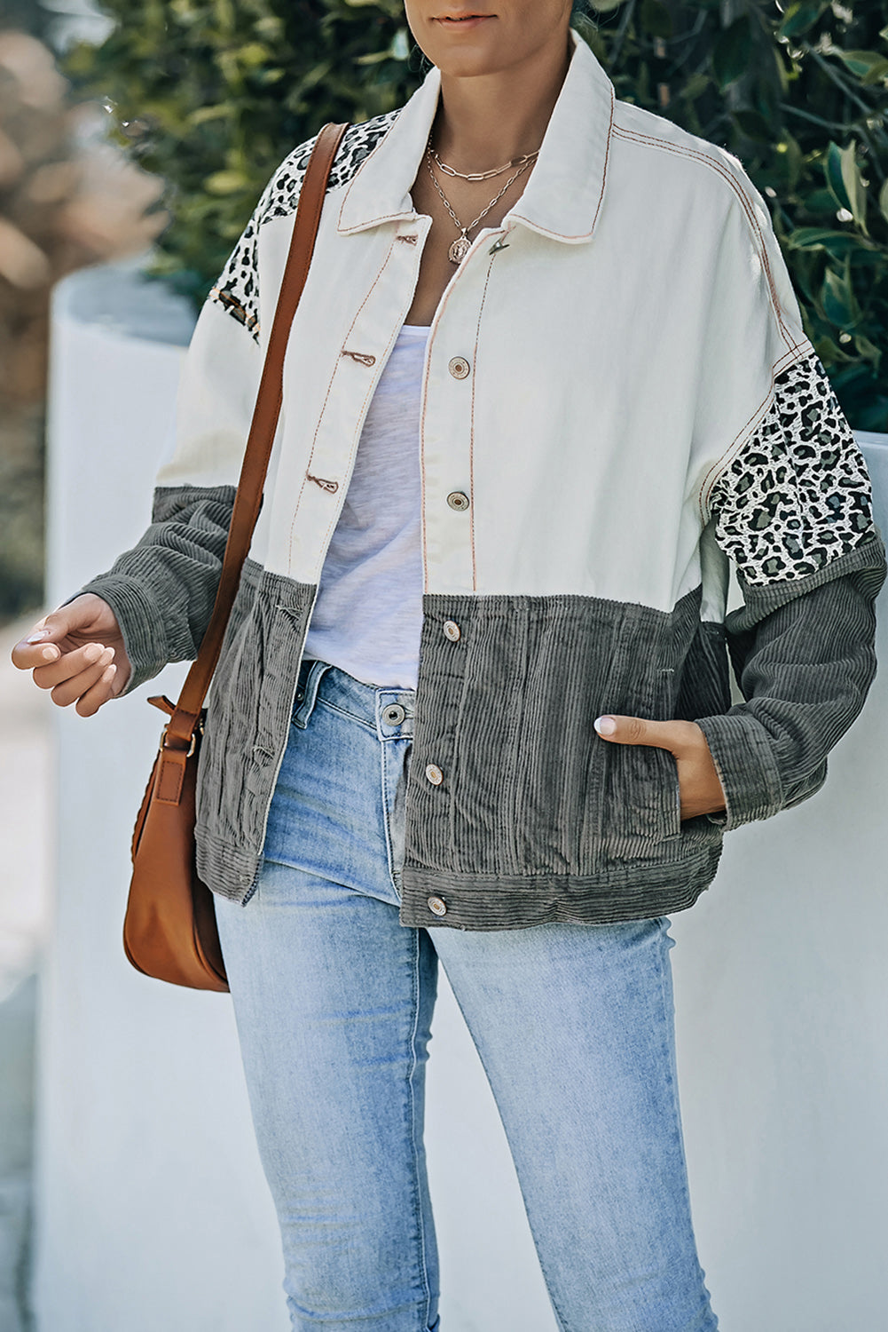 leopard color block button-up corduroy shacket