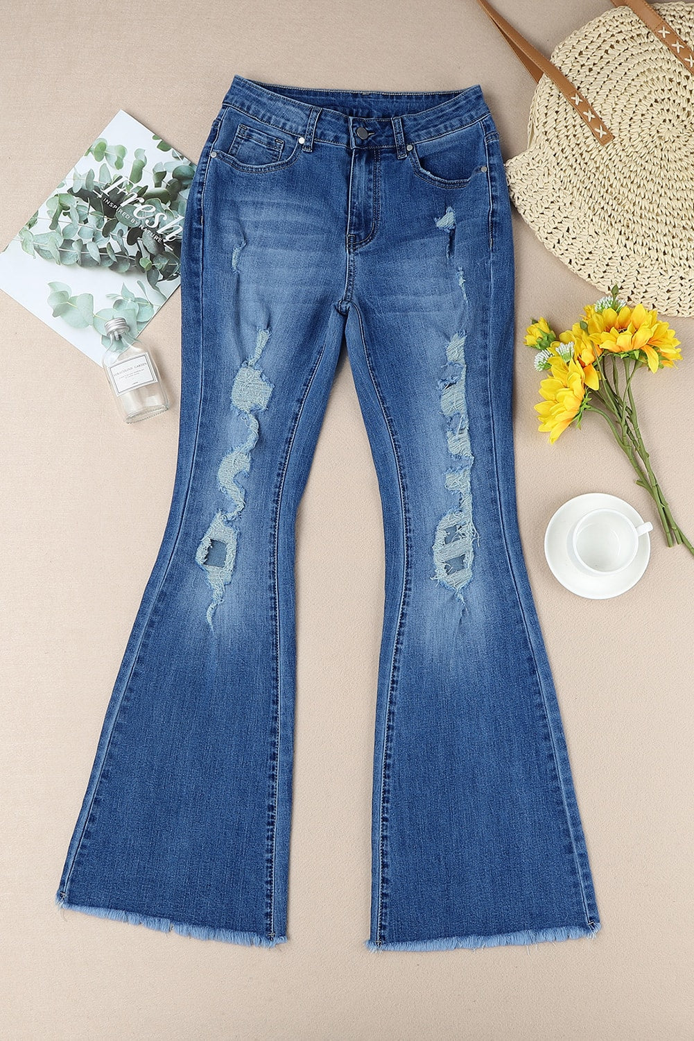 distressed frayed hem flare jeans