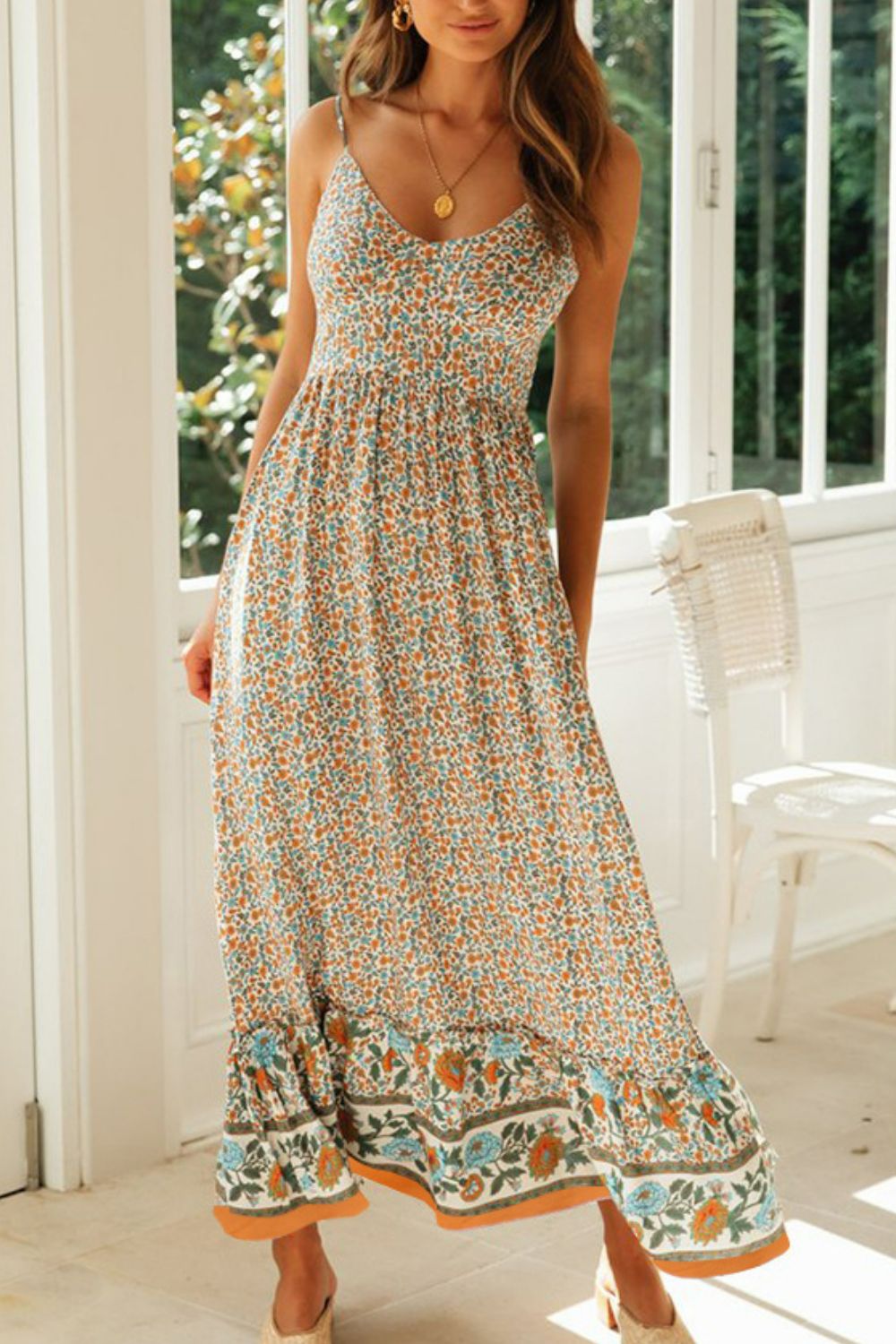 bohemian spaghetti strap frill trim maxi dress