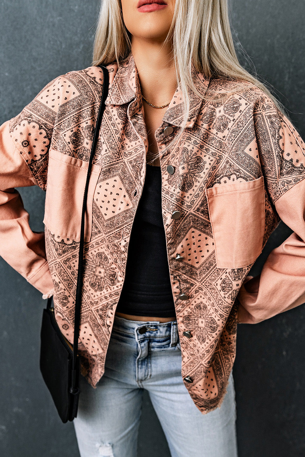 printed raw hem button down jacket with pockets