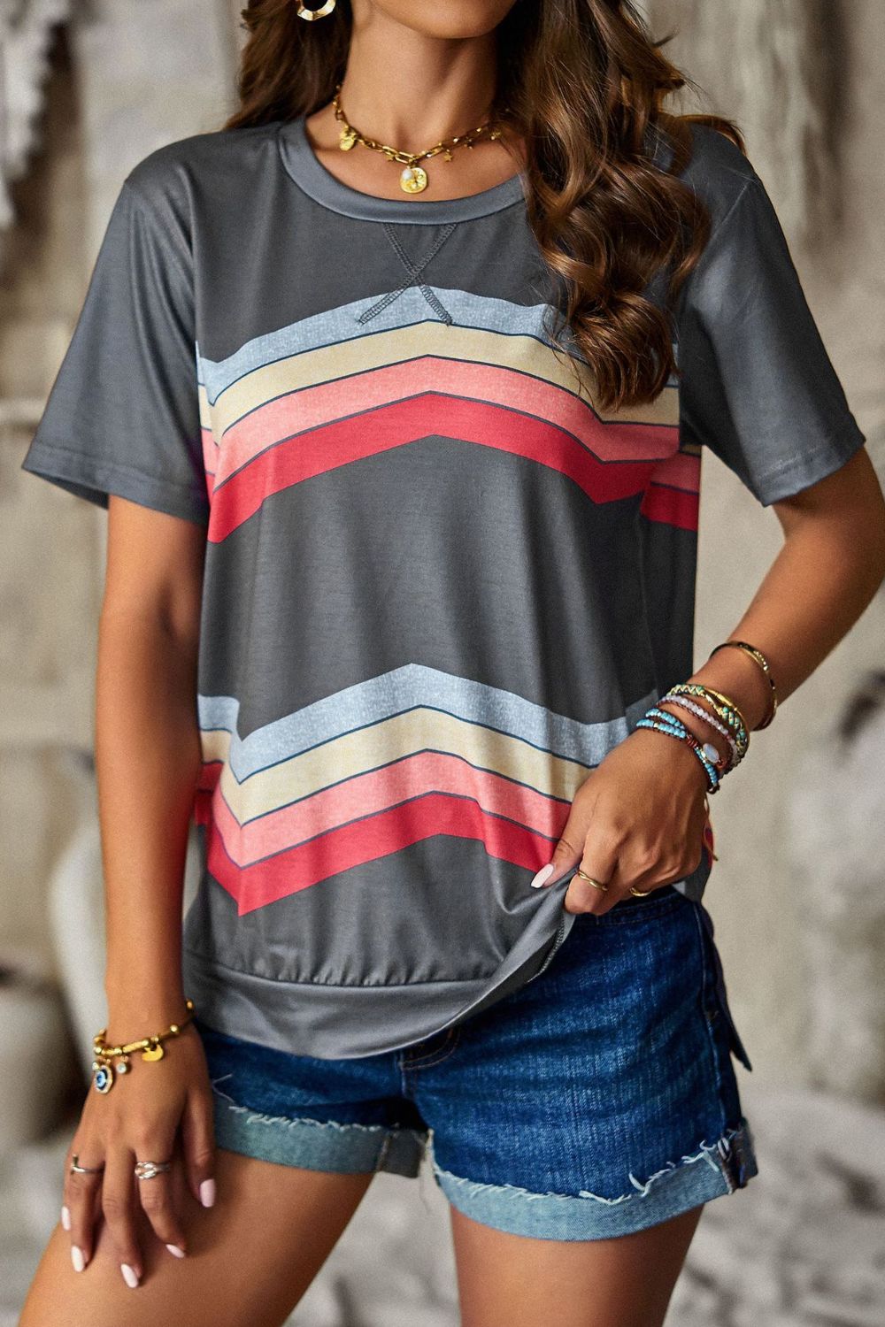 multicolored chevron stripe round neck side slit t-shirt