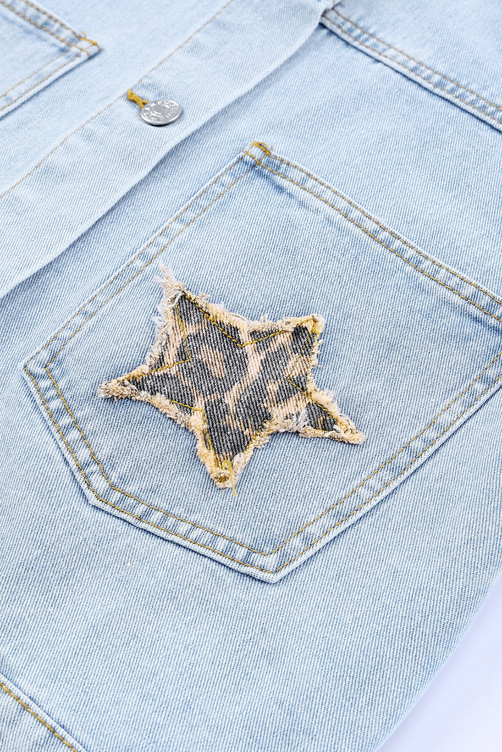 leopard star applique distressed denim jacket