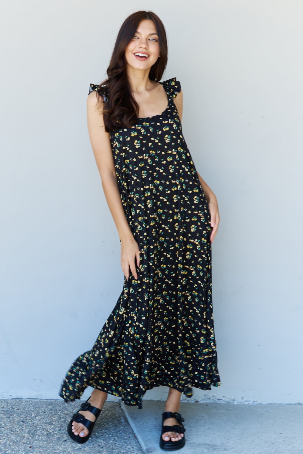 doublju in the garden ruffle floral maxi dress in  black yellow floral