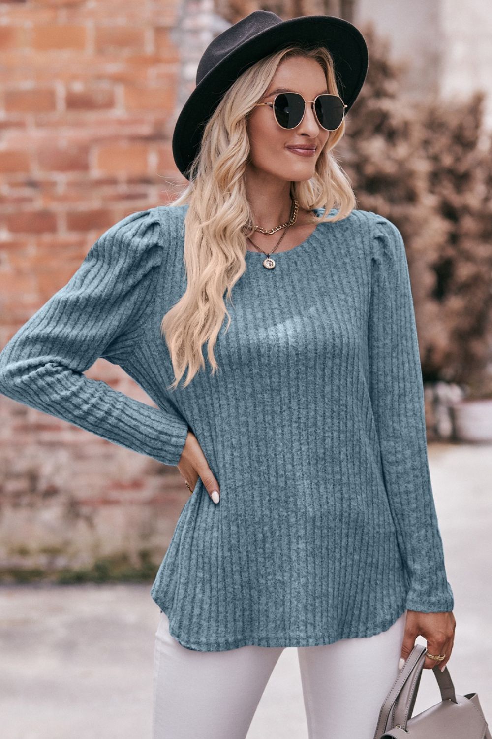 double take round neck puff sleeve ribbed top