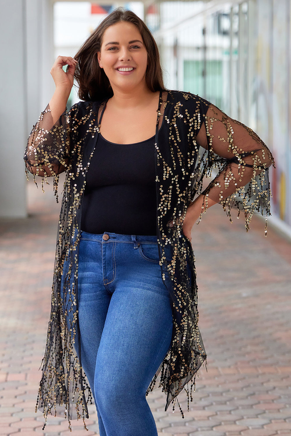 plus size contrast sequin sheer mesh cardigan