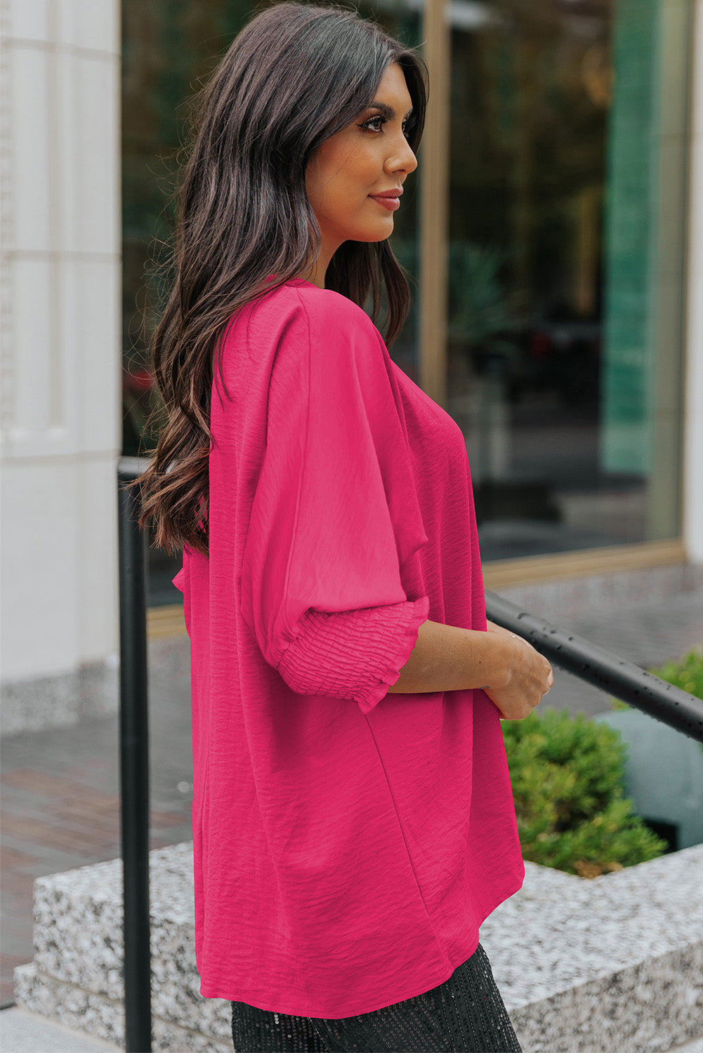 round neck dolman sleeve textured blouse