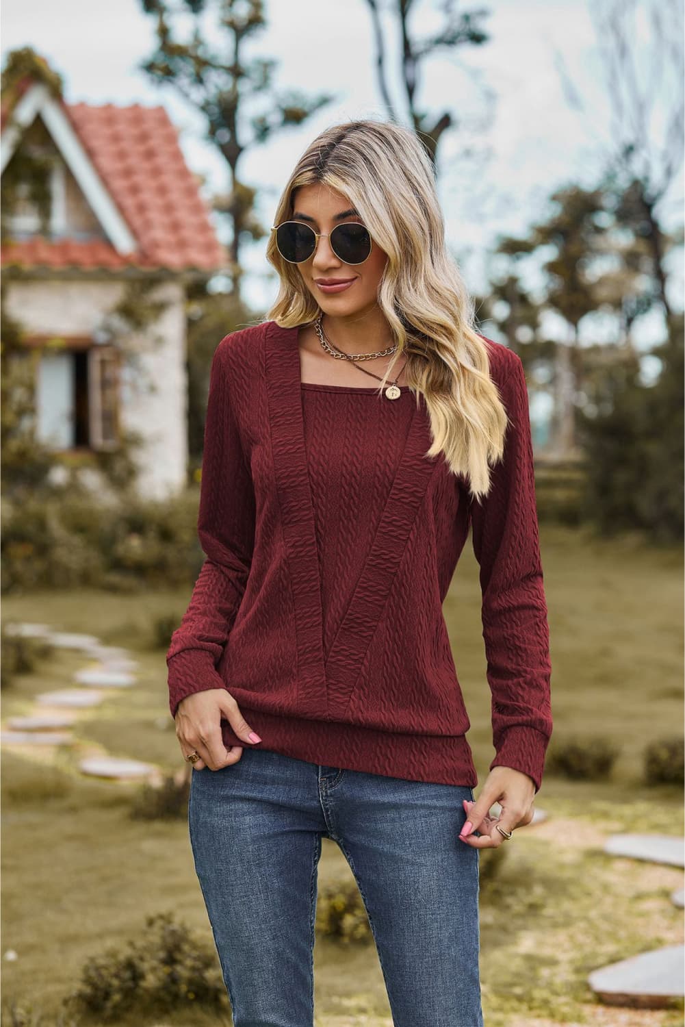 square neck long sleeve blouse