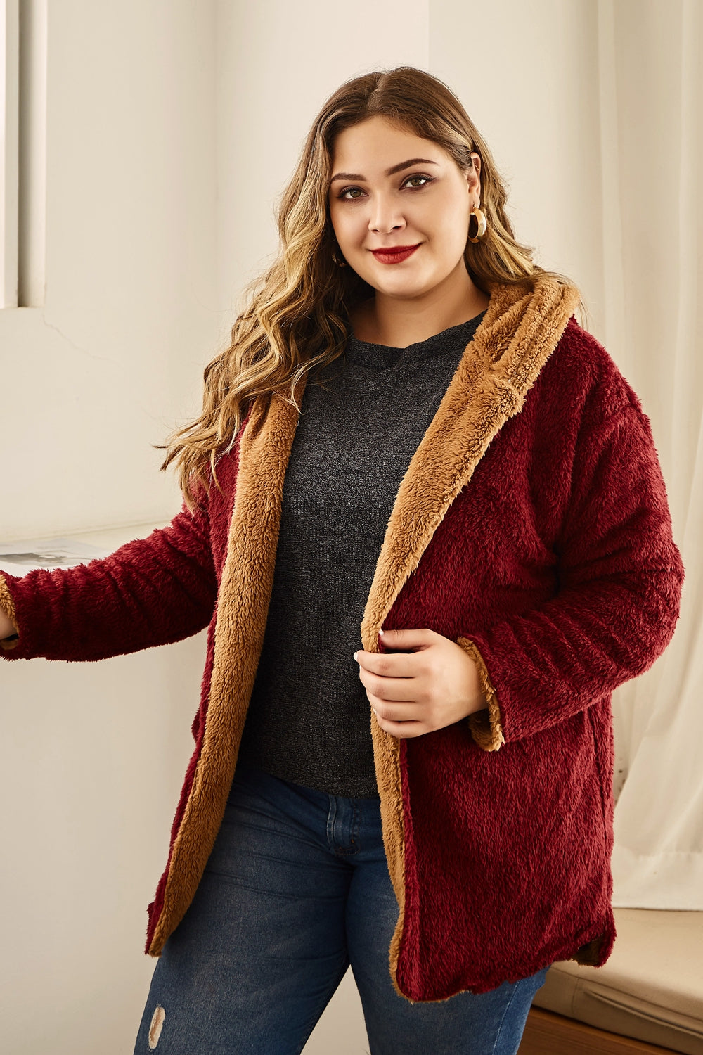 hanny plus size hooded longline teddy jacket