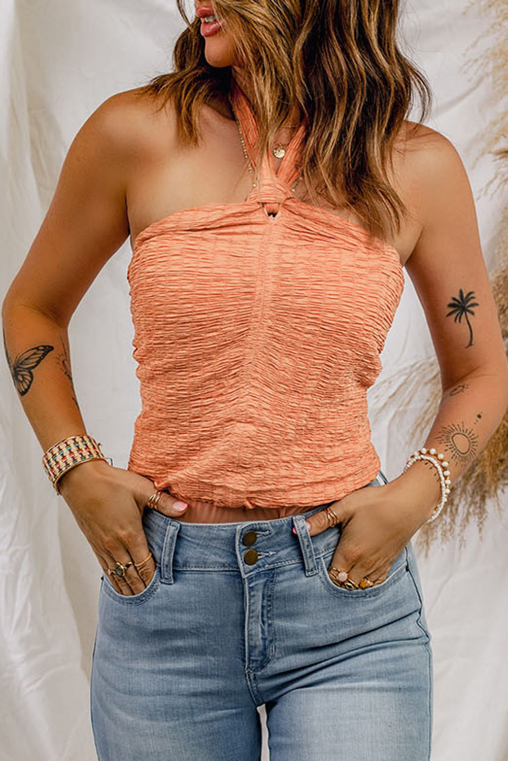smocked halter neck top