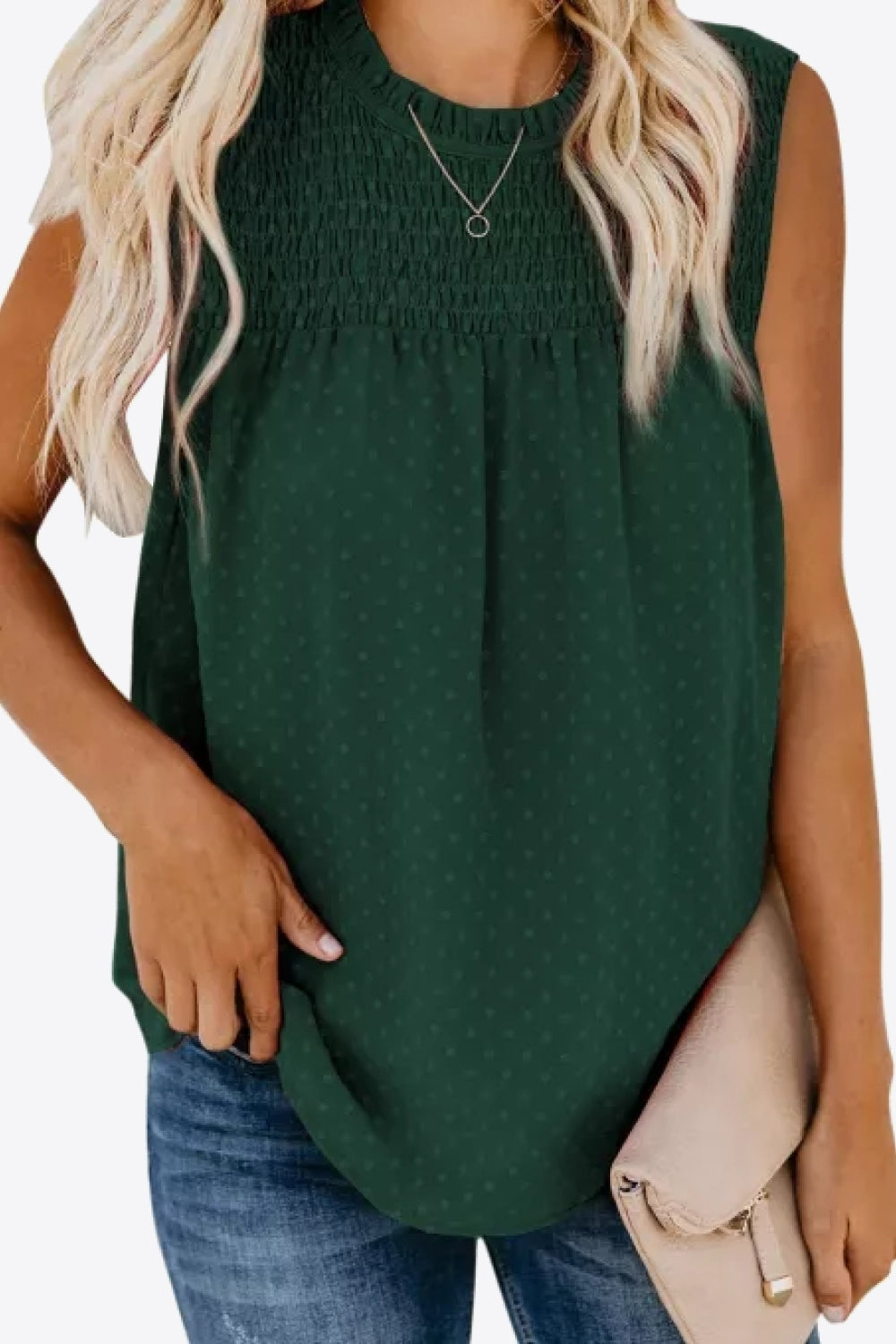 smocked tie back frill trim tank