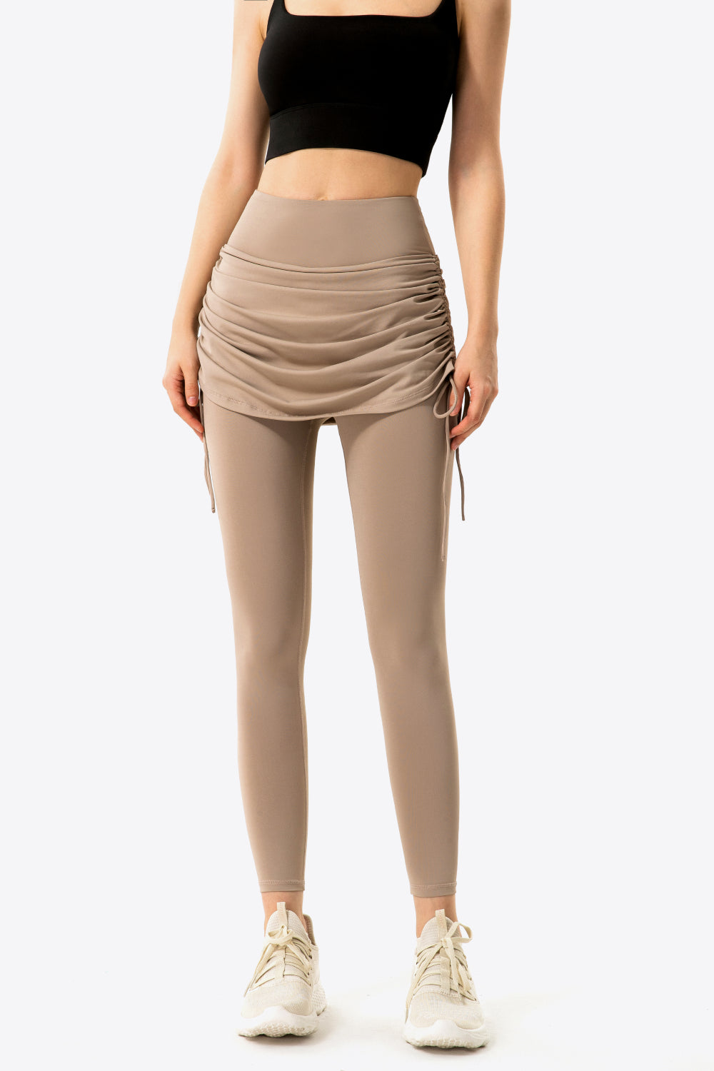 drawstring ruched faux layered yoga leggings