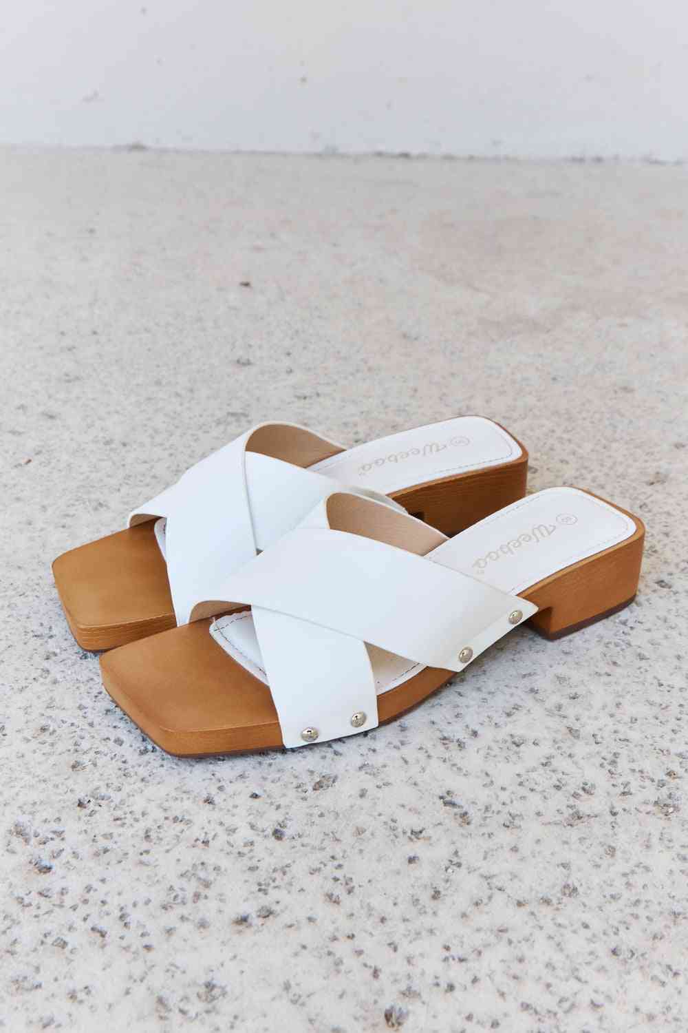 weeboo step into summer criss cross wooden clog mule in white