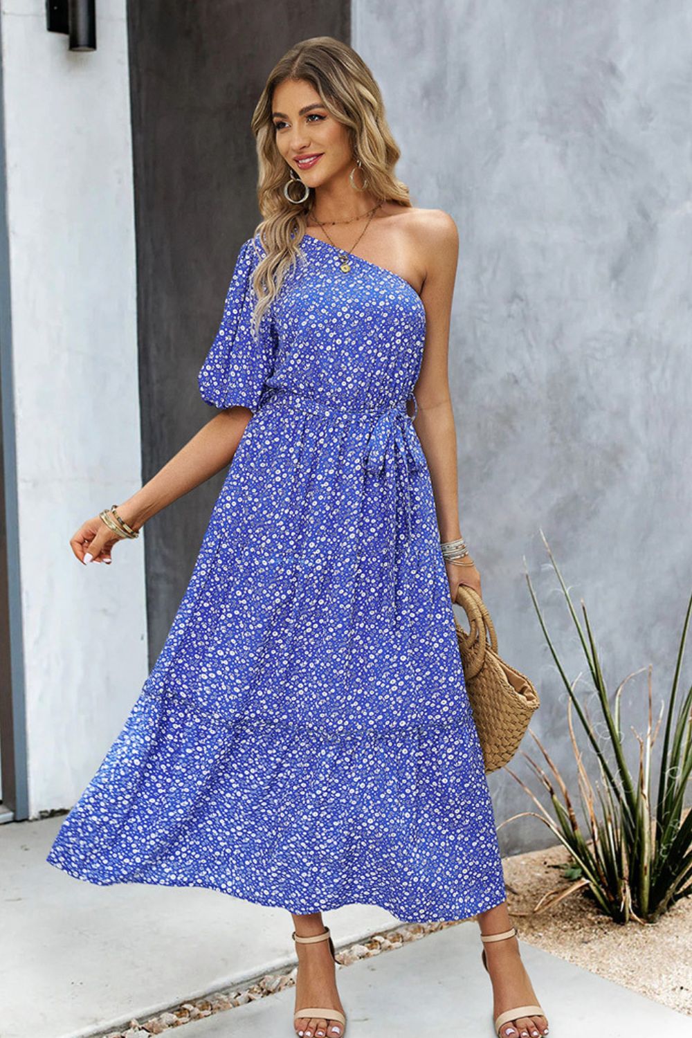 printed one-shoulder tie belt maxi dress