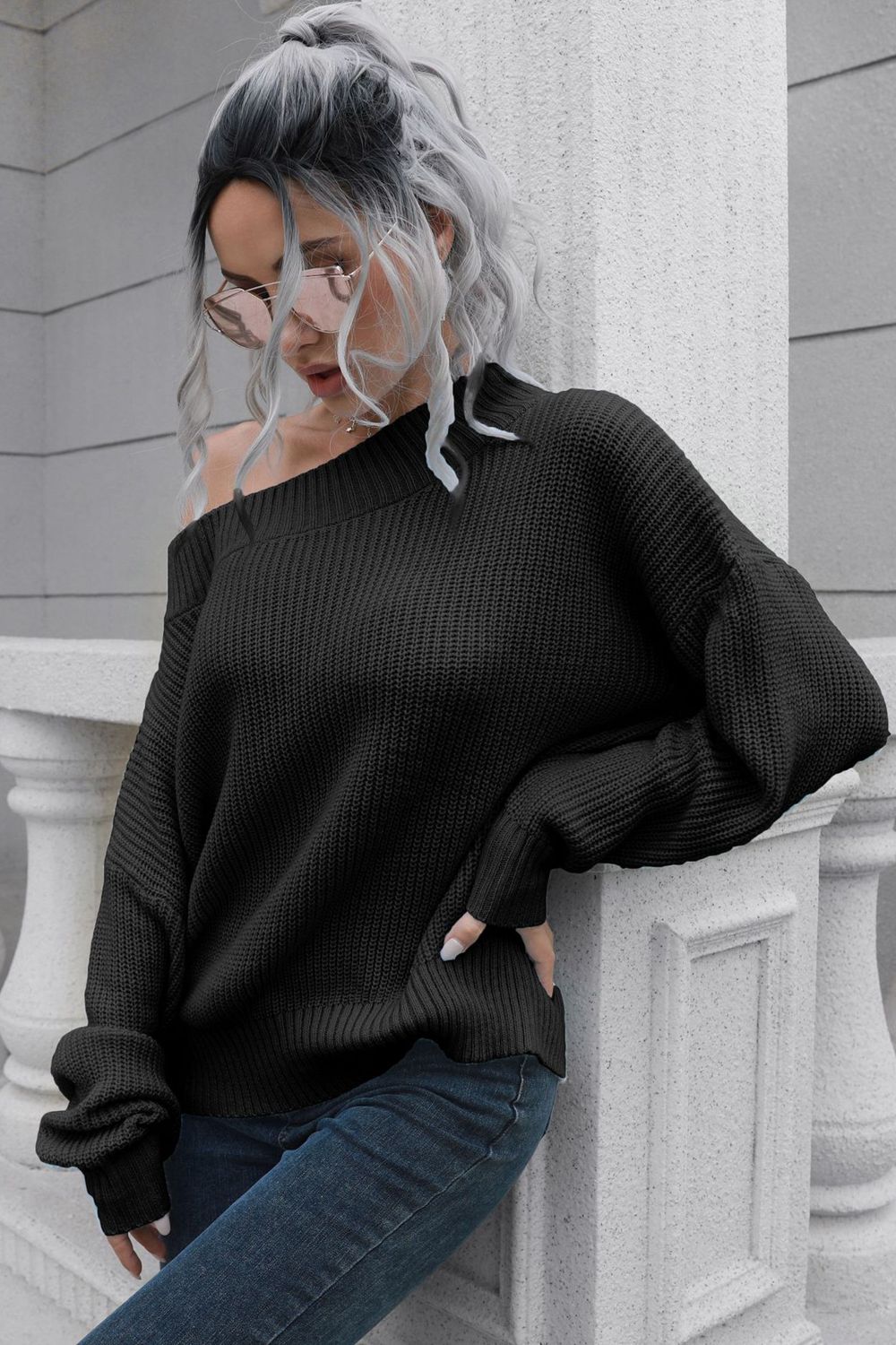 off-shoulder ribbed long sleeve pullover sweater