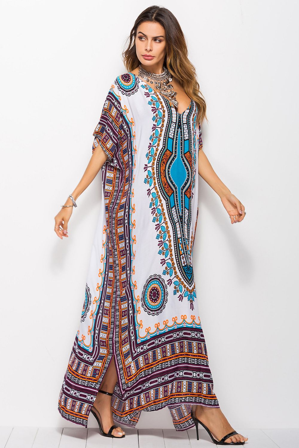 printed v-neck side slit maxi dress