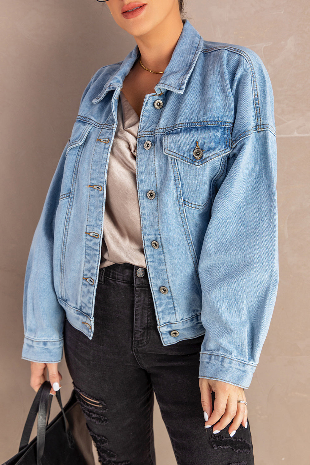 button down dropped shoulder denim jacket