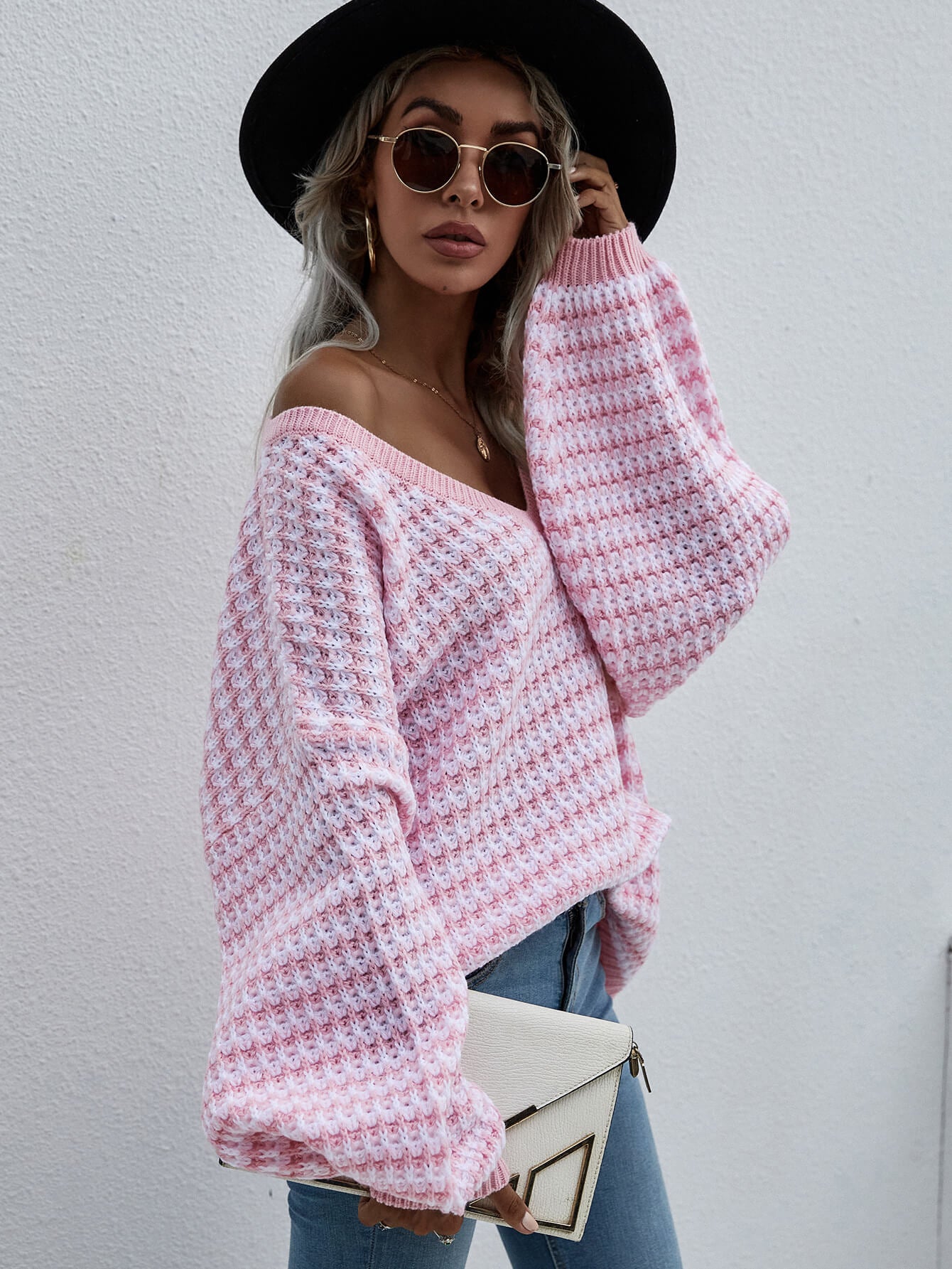 striped drop shoulder v-neck pullover sweater