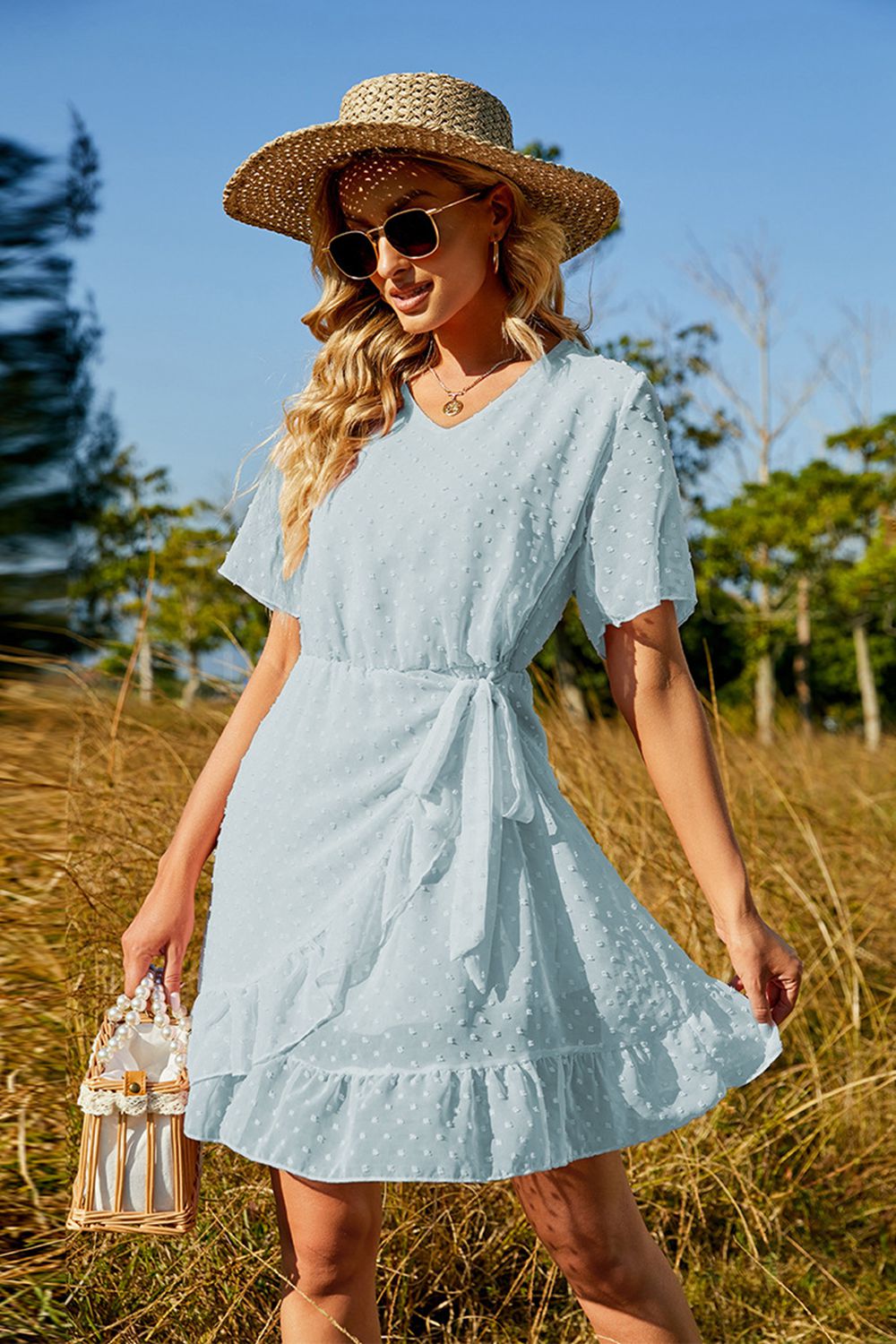 swiss dot v-neck ruffle hem dress